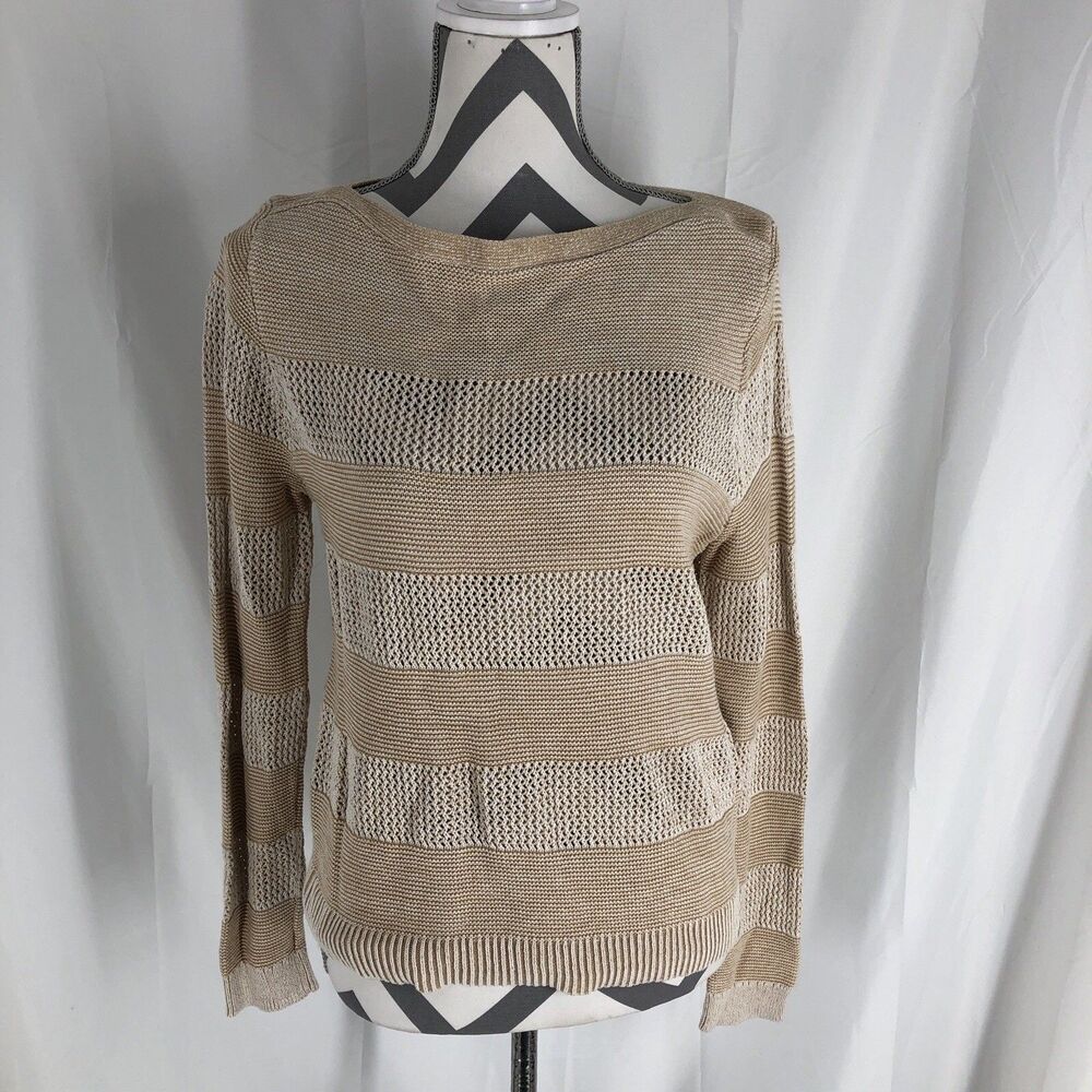 DKNY Woman's Size Small Beige Striped Cotton Pullover Sweater Casual